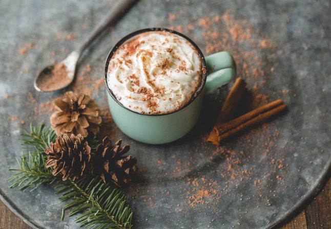 A delicious mug of Organic fair trade hot chocolate, with whipped cream on top.