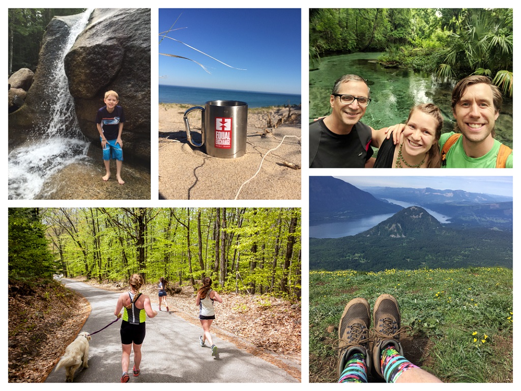 A photo collage of people in the great outdoors posed by a waterfall, in a swamp, on a mountain hike, and trail running.