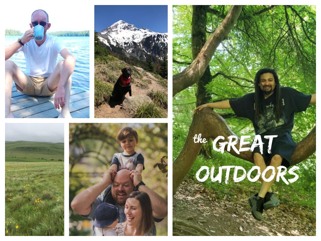 A photo collage of people in the great outdoors sitting in a tree, enjoying a park, hiking with a dog, and sipping sustainablee coffee