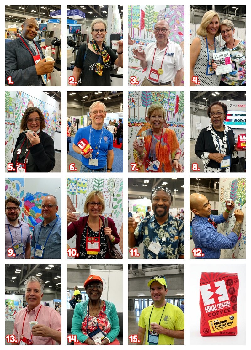 A collage of fifteen photos of diverse people enjoying Eqyal Exchange coffee at the 79th General Convention of The Episcopal Church.