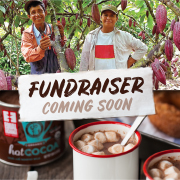 Image shows organic cacao farmers with text "Fundraiser Coming Soon" to support your fundraising campaign.