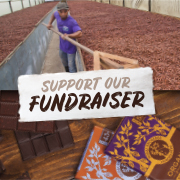 Image shows an organic cacao farmer with text "Support our fundraiser" to support your fundraising campaign.