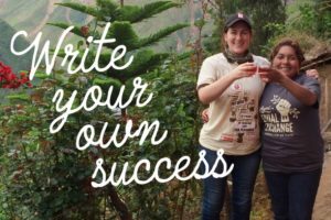 Image shows farmer and Equal Exchange Worker-Owner toasting cups of coffee with text "Write your own success."