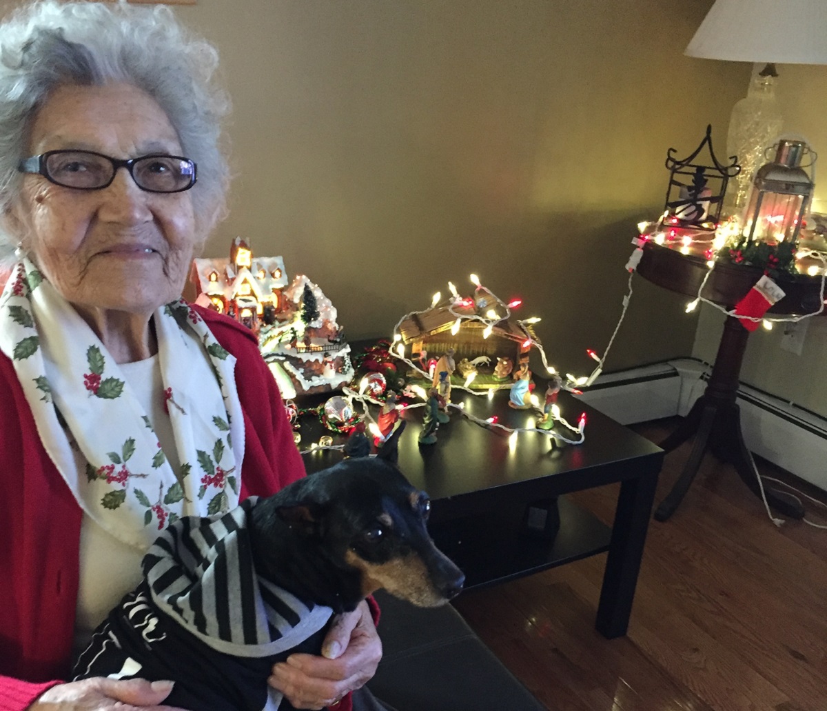 A smiling old woman holds her dog in her lap next to lights and holiday decorations.