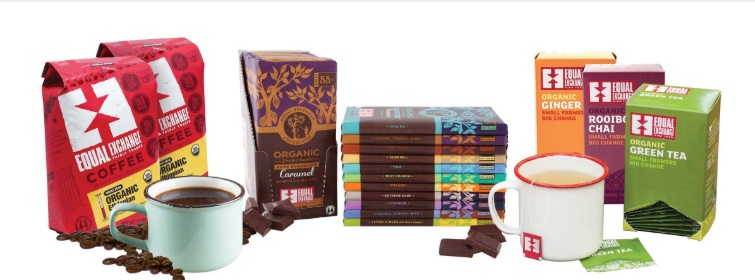 Image shows samples of Equal Exchange's fairly traded, organic coffee, chocolate and tea.
