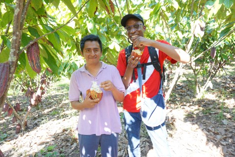 Two people smile, holding cacao pods
