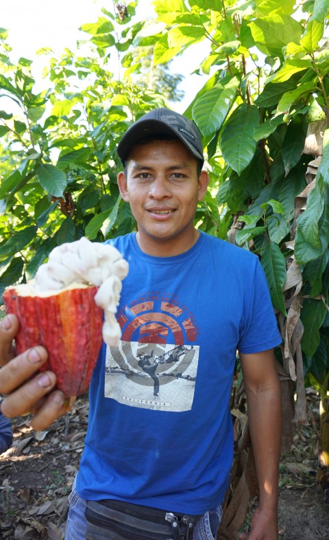 A man holding half a cacao pod.