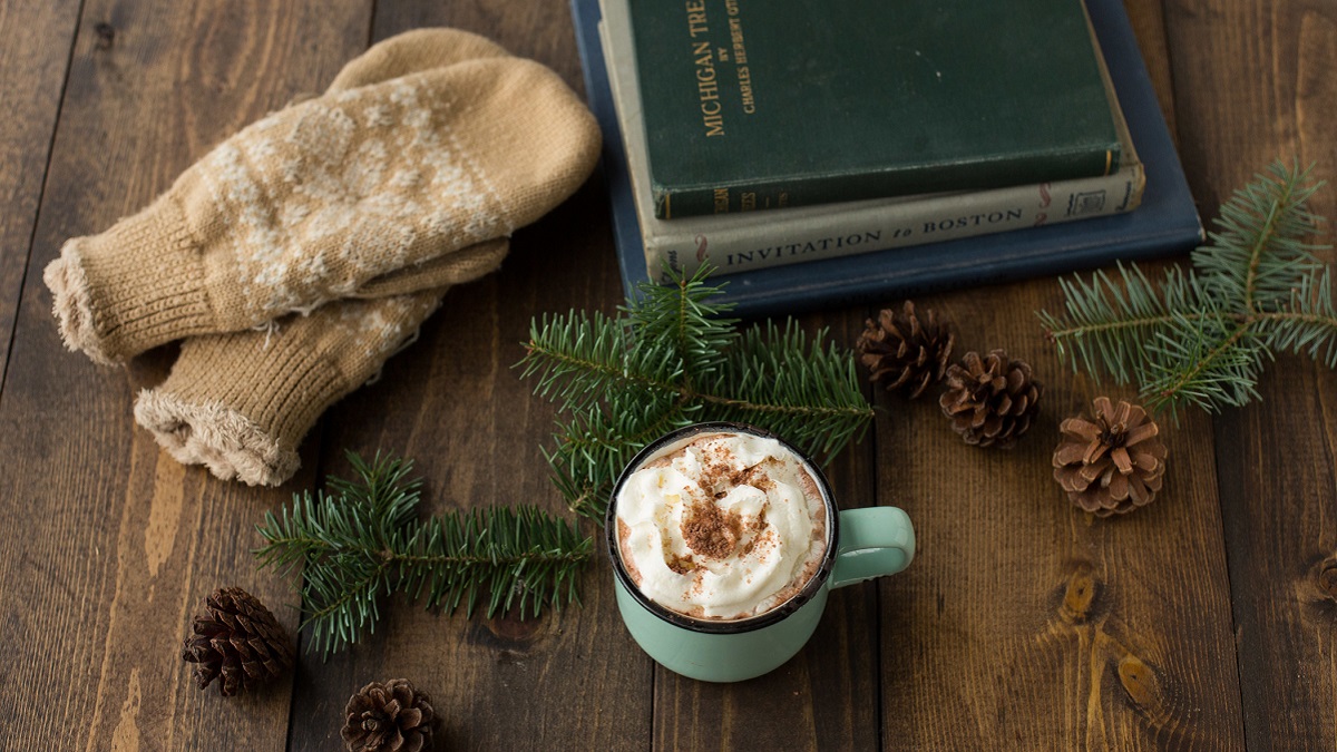 a cup of organic cocoa with cozy mittens, pinecones and books