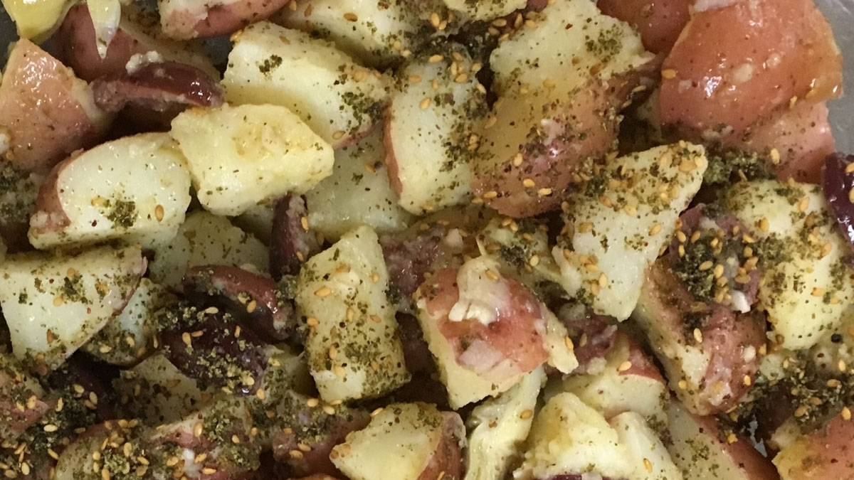 Close-up of mayo-free potato salad made with za'atar spices