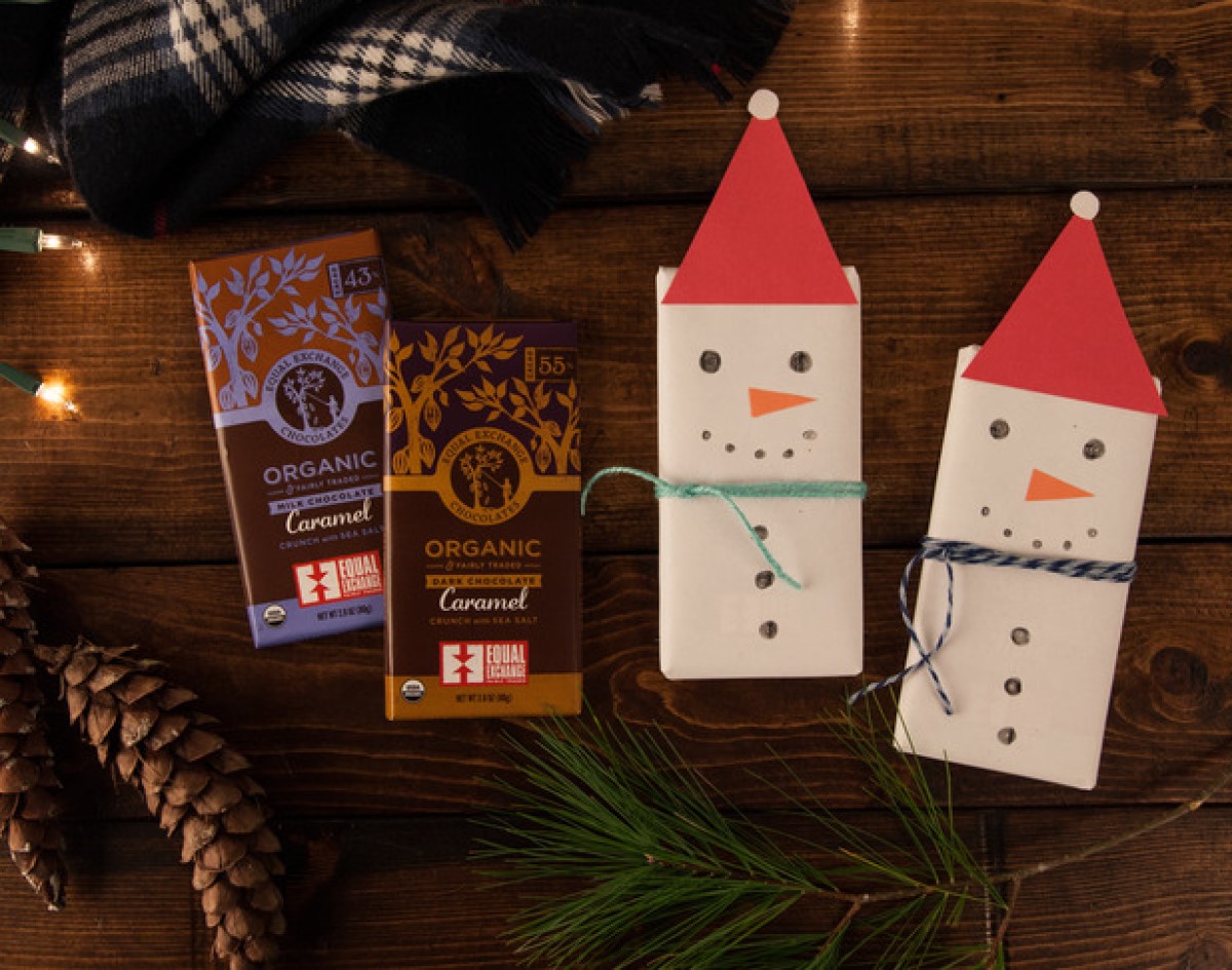 chocolate bars dressed up as snowman with paper decorations