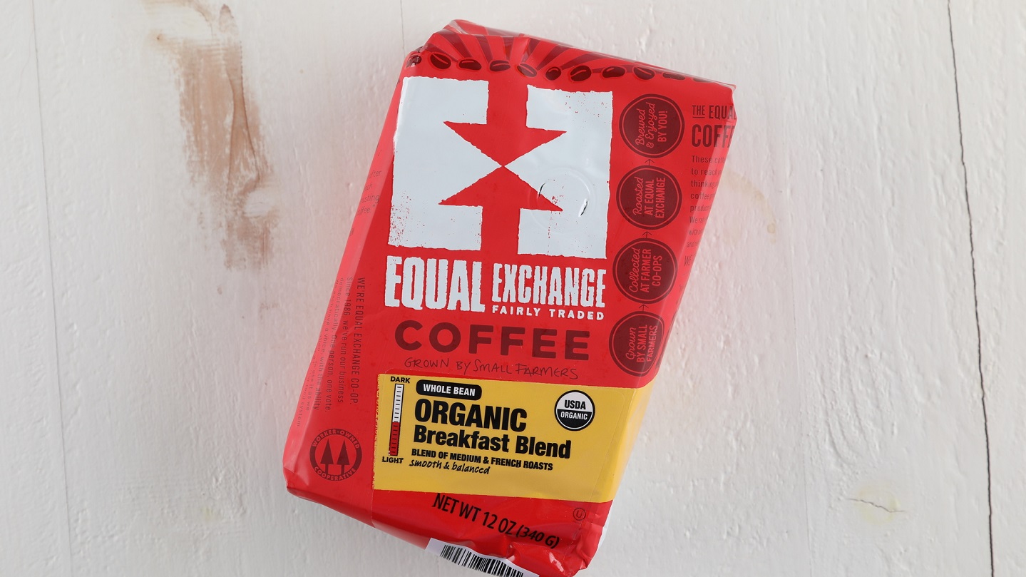 A red bag of organic fair trade coffee