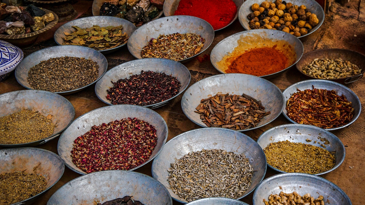 Bowls of spices in a market