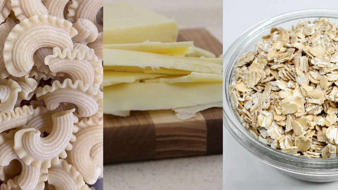 A collage of images shows pasta, cheese, and oatmeal